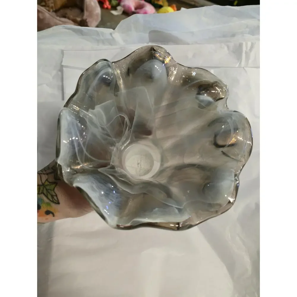 Vintage Italian Art Glass Ruffled Candle Holders Pair Smoke Gray Tammaro